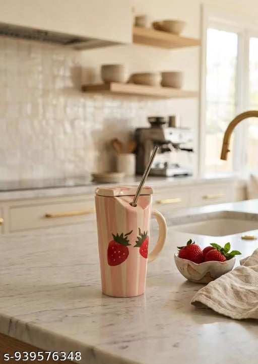 Ceramic Mug With Lid and Straw