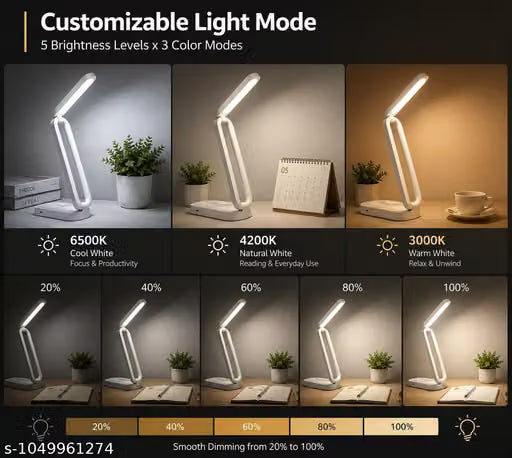 LED Rechargeable Foldable Desk Lamp | 1200mAh Battery | 5 Brightness + 3 Colour Modes | Memory Function | Touch Control | USB Type-C | Eye Protection Reading Lamp for Students, Office & Bedside