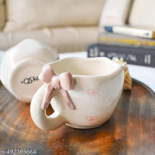 Cute Pink Bow Ceramic Mug | Microwave Safe Coffee Mug | 200 ml Ceramic Tea Cup | Cute Ceramic Mugs Gift for Best Friend, Birthday, Christmas, and Special Occasions