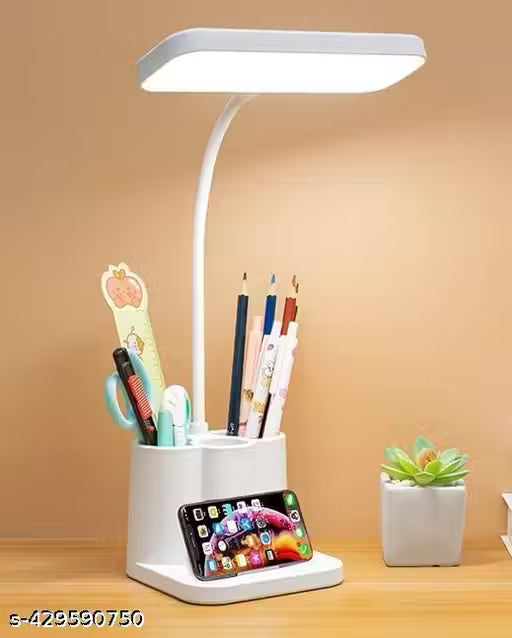 3 Color Table Lamp Rechargeable for Study with Phone Holder Flexible Arm Touch Light with Stepless Dimming, Desk Lamps with Pen Holder, White