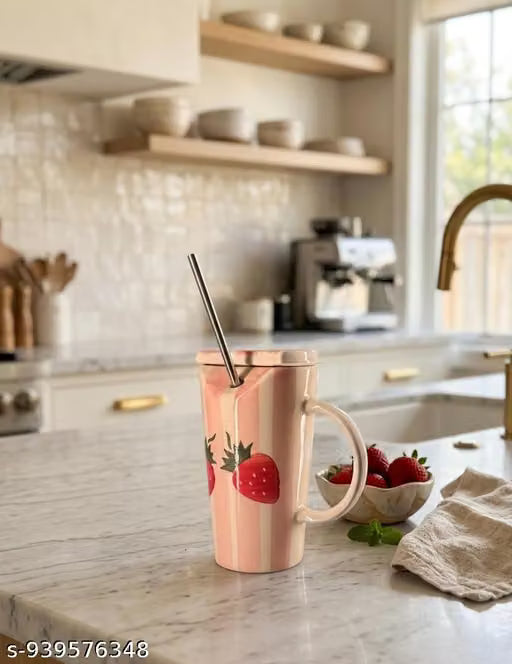 Ceramic Mug With Lid and Straw