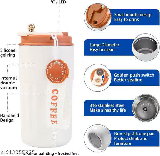 420 Ml Fancy Coffee Mug - Fancy Coffee Mug With Temperature Display 420 Ml - Coffee Mug with Ziplock Lid - Coffee Thermal Mug - Double-Walled Vacuum Thermal Mug