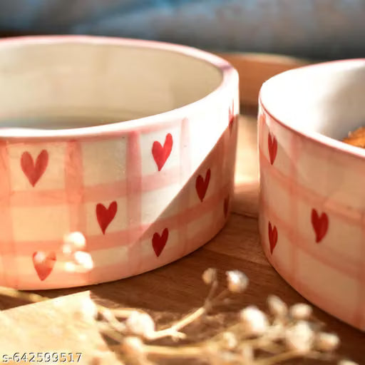 Handmade Ceramic Heart-Print Bowl | 350 ml Cute Pink Designer Bowl for Snacks, Desserts & Gifting