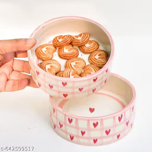 Handmade Ceramic Heart-Print Bowl | 350 ml Cute Pink Designer Bowl for Snacks, Desserts & Gifting