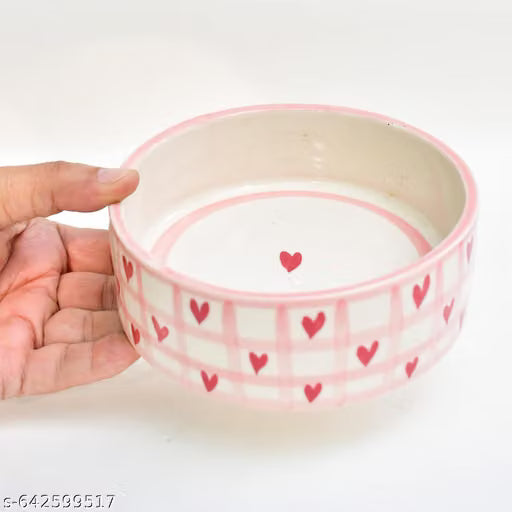 Handmade Ceramic Heart-Print Bowl | 350 ml Cute Pink Designer Bowl for Snacks, Desserts & Gifting